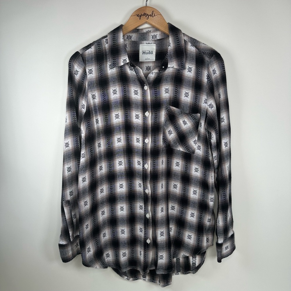 Mudd Western Plaid Button Down Flannel Top Blouse Black Size Large